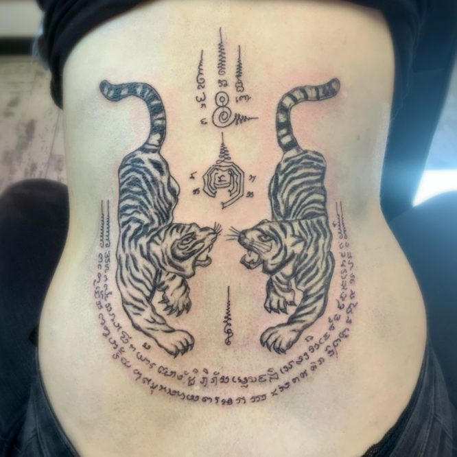 Twin tiger female back tattoo