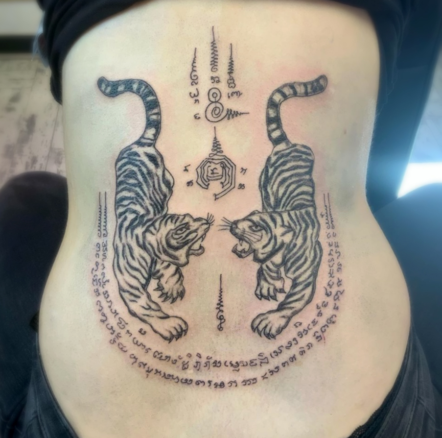 Twin tiger female back tattoo